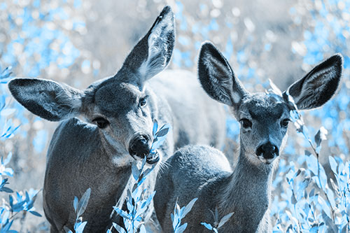 Two Mule Deer Enjoying Leafy Breakfast (Blue Tone)