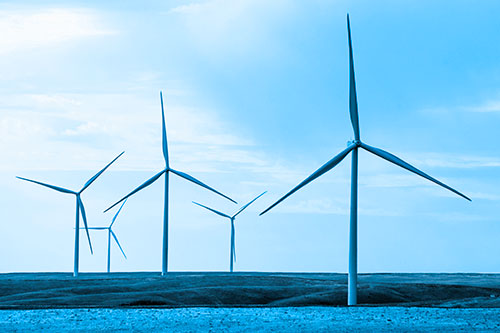 Wind Turbines Standing Tall On Green Pasture (Blue Tone Photo)