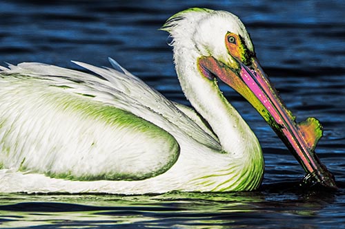 Beak Dipping Pelican Eying Across Lake Water
