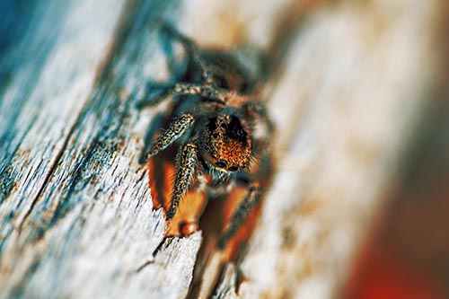 Jumping Spider Perched Among Wood Crevice
