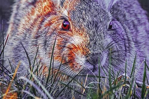 Resting Bunny Rabbit Watches Closely Among Grass Blades