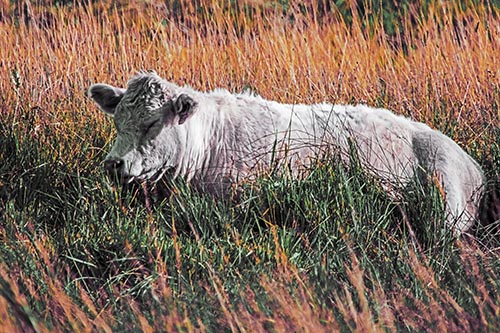 Sleeping Cow Resting Among Grass