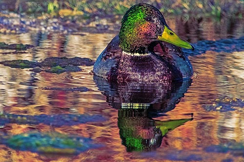 Soaked Mallard Duck Casts Pond Water Reflection