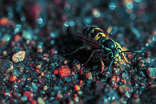 Thirsty Yellowjacket Wasp Among Soaked Sparkling Rocks