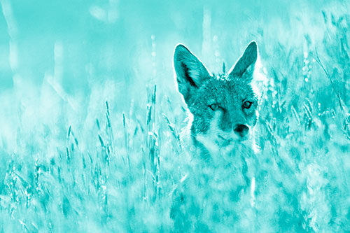 Coyote Peeking Head Above Feather Reed Grass (Cyan Shade Photo)