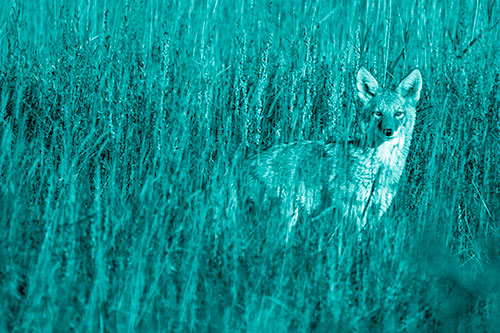 Coyote Watches Among Feather Reed Grass (Cyan Shade Photo)