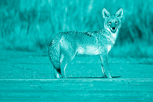 Crossing Coyote Glares Across Bridge Walkway (Cyan Shade Photo)