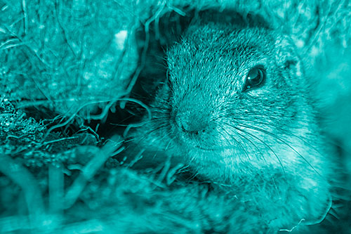Curious Prairie Dog Watches From Dirt Tunnel Entrance (Cyan Shade Photo)