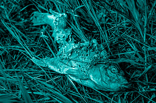 Decaying Salmon Fish Rotting Among Grass (Cyan Shade Photo)
