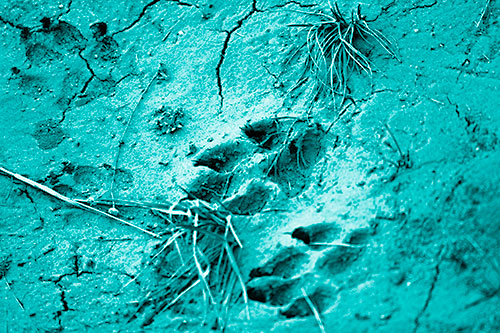 Dog Footprints On Dry Cracked Mud (Cyan Shade Photo)