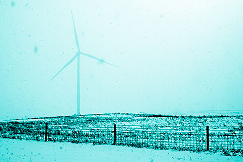 Fenced Wind Turbine Among Blowing Snow (Cyan Shade Photo)