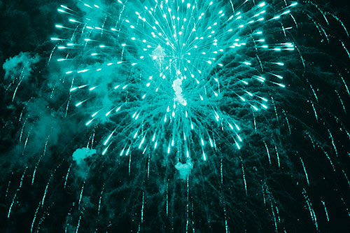 Fireworks Explosion Lights Night Sky Ablaze (Cyan Shade Photo)