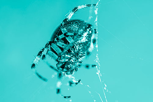 Furrow Orb Weaver Spider Descends Down Web (Cyan Shade Photo)