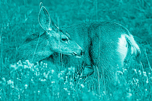 Grooming Mule Deer Bending Backwards Among Vegetation (Cyan Shade)
