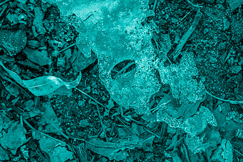 Half Melted Ice Face Atop Dead Leaves (Cyan Shade Photo)