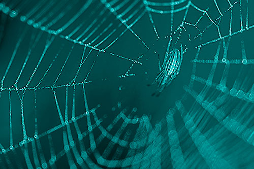 Hanging Orb Weaver Spider Perched Among Dew Covered Web (Cyan Shade)