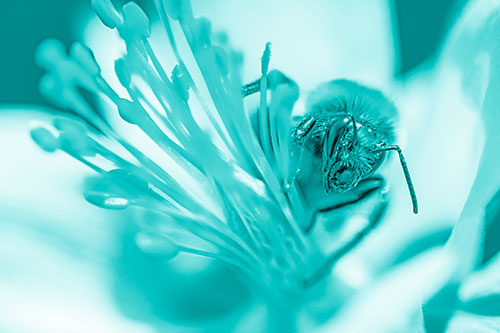 Honey Bee Crawling Among Columbine Flower (Cyan Shade)