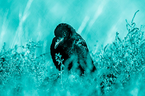 Hunched Over Raven Among Dying Plants (Cyan Shade Photo)