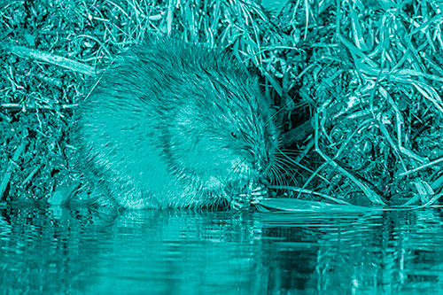 Hungry Muskrat Chews Water Reed Grass Along River Shore (Cyan Shade Photo)