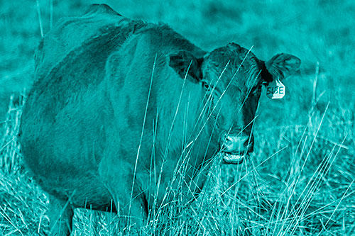 Hungry Open Mouthed Cow Enjoying Hay (Cyan Shade Photo)