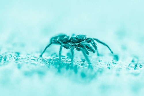 Jumping Spider Crawling Along Flat Terrain (Cyan Shade Photo)