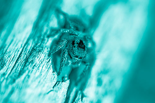 Jumping Spider Perched Among Wood Crevice (Cyan Shade Photo)