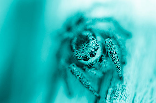 Jumping Spider Resting Atop Wood Stick (Cyan Shade Photo)