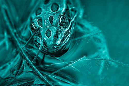 Leopard Frog Stares Among Shoreline Water (Cyan Shade Photo)