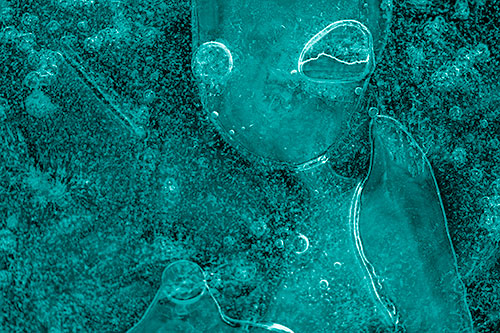 Mouthless Alien Ice Figure Forms Among Frozen River Water (Cyan Shade Photo)