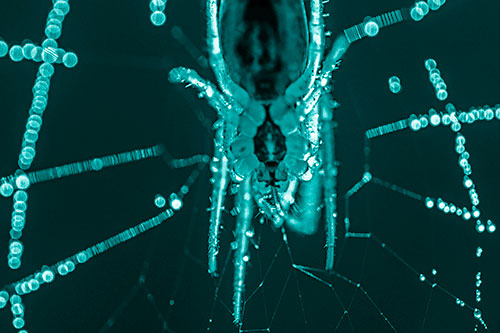 Orb Weaver Spider Dangling Downwards Among Web (Cyan Shade Photo)