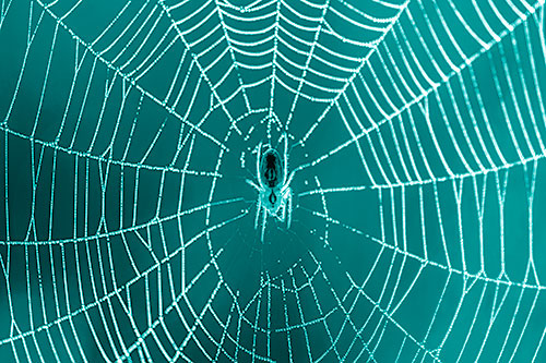 Orb Weaver Spider Rests Among Web Center (Cyan Shade Photo)