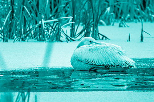 Pelican Resting Atop Ice Frozen Lake (Cyan Shade Photo)