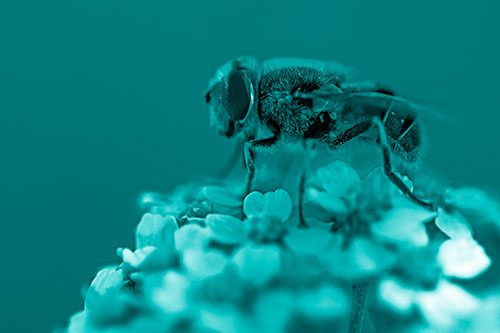 Pollen Covered Hoverfly Standing Atop Flower Petals (Cyan Shade Photo)