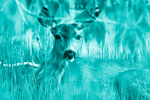 Resting White Tailed Deer Watches Surroundings (Cyan Shade Photo)