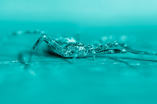 Running Crab Spider Resting Among Bench (Cyan Shade)