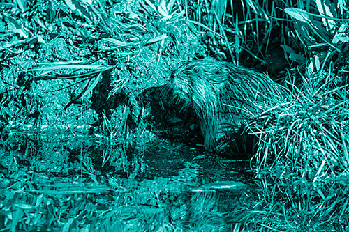 Shy Muskrat Sits Among Shallow Stream (Cyan Shade)