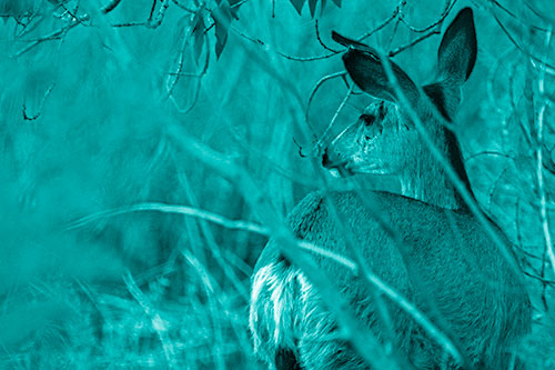 Sideways Glancing White Tailed Deer Beyond Tree Branches (Cyan Shade Photo)