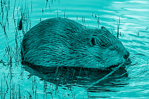 Sitting Beaver Nibbles Branch Along Shallow Rivershore (Cyan Shade)