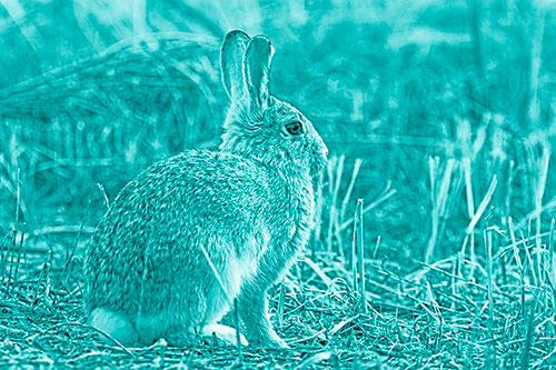 Sitting Bunny Rabbit Among Broken Plant Stems (Cyan Shade Photo)