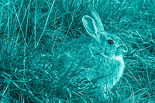Sitting Bunny Rabbit Enjoying Sunrise Among Grass (Cyan Shade Photo)
