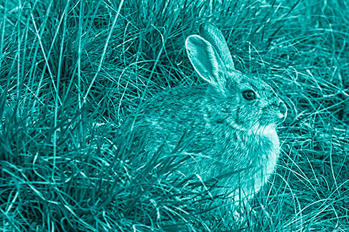 Sitting Bunny Rabbit Enjoying Sunrise Among Grass (Cyan Shade)