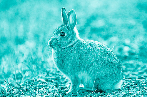 Sitting Bunny Rabbit Perched Beside Grass Blade (Cyan Shade Photo)