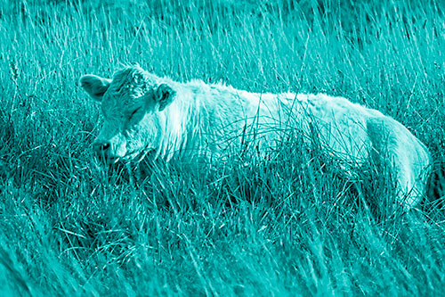 Sleeping Cow Resting Among Grass (Cyan Shade)