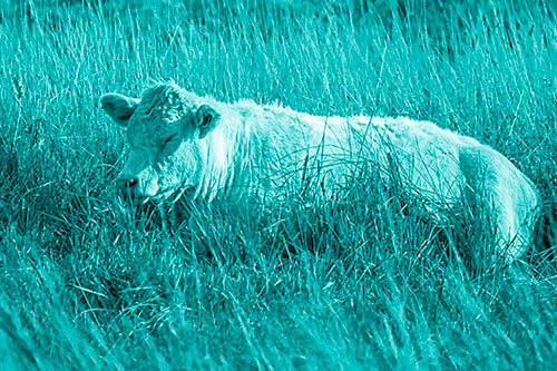 Sleeping Cow Resting Among Grass (Cyan Shade Photo)