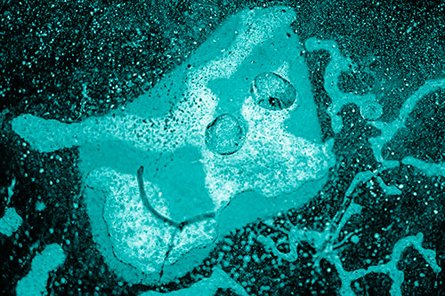 Smiley Bubble Eyed Block Face Below Frozen River Ice Water (Cyan Shade Photo)
