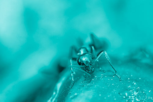 Snarling Carpenter Ant Guarding Sugary Treat (Cyan Shade Photo)