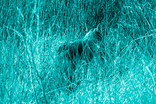 Sneaking Coyote Hunting Through Trees (Cyan Shade Photo)