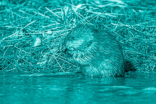 Soaked Muskrat Nibbles Grass Along River Shore (Cyan Shade Photo)