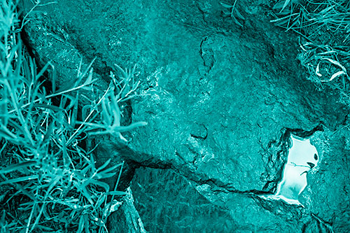 Soaked Puddle Mouthed Rock Face Among Plants (Cyan Shade Photo)