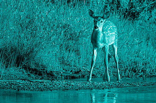 Spotted White Tailed Deer Standing Along River Shoreline (Cyan Shade)